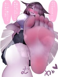 Rule 34 | 1girl, absurdres, barefoot, blush, brown hair, feet, hair over one eye, hand on own hip, heart, heart-shaped pupils, highres, long hair, looking at viewer, open mouth, pov, red eyes, soles, steam, symbol-shaped pupils, toes, translated, w (w64851564)