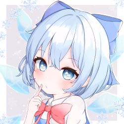 Rule 34 | 1girl, blue bow, blue dress, blue eyes, blue hair, blue wings, blush, bow, cirno, closed mouth, collared shirt, commentary request, detached wings, don (tiruchoco41), dress, grey background, hair between eyes, hair bow, hand up, ice, ice wings, index finger raised, looking at viewer, puffy short sleeves, puffy sleeves, red bow, shirt, short sleeves, sleeveless, sleeveless dress, snowflakes, solo, touhou, two-tone background, white background, white shirt, wings