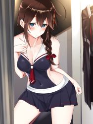 Rule 34 | 1girl, ahoge, alternate costume, blue eyes, blush, braid, breasts, brown hair, cleavage, closed mouth, commentary request, covered navel, hair between eyes, hair flaps, hair ornament, hair over shoulder, hair ribbon, hairclip, hand on own chest, kantai collection, long hair, looking at viewer, medium breasts, navel, one-piece swimsuit, pleated skirt, ribbon, shigure (kancolle), shigure kai ni (kancolle), single braid, skirt, solo, standing, swimsuit, youmou usagi