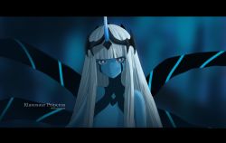 Rule 34 | 001 (darling in the franxx), 10s, 1girl, bayu.arts, blue eyes, blue skin, blue theme, character name, colored skin, darling in the franxx, highres, horns, letterboxed, long hair, looking at viewer, monochrome, silver hair, single horn, solo, spoilers, twitter username, very long hair