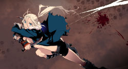 Rule 34 | 1girl, blonde hair, blood, boots, confidential assassination troop, knife, long hair, mebae, ponytail, shorts, solo