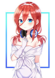 Rule 34 | 1girl, 3:, absurdres, bad id, bad pixiv id, bare shoulders, blue eyes, closed mouth, collarbone, commentary request, dress, ekina (1217), framed, frown, gloves, go-toubun no hanayome, hair between eyes, hand on own chest, hand up, headband, headphones, headphones around neck, highres, long hair, looking at viewer, nakano miku, outside border, red hair, sidelocks, solo, strapless, strapless dress, upper body, wedding dress, white background, white dress, white gloves
