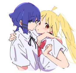 Rule 34 | 2girls, ahoge, asymmetrical sidelocks, atenaba, black ribbon, blonde hair, blue hair, blush, bocchi the rock!, bow, bowtie, clenched hand, collared shirt, cropped arms, cropped torso, dot mouth, expressionless, face-to-face, from side, hair ornament, hair over eyes, hairclip, hand on another&#039;s shoulder, highres, ijichi nijika, long hair, looking at viewer, multiple girls, neck ribbon, red bow, red bowtie, red eyes, ribbon, school uniform, shimokitazawa high school uniform, shirt, short hair, short sleeves, side ponytail, white background, white shirt, yamada ryo, yellow eyes, yuri