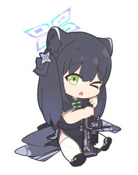 Rule 34 | &gt; o, 1girl, animal ear fluff, animal ears, black dress, black footwear, black hair, blue archive, chibi, china dress, chinese clothes, dress, full body, green eyes, gun, hair between eyes, halo, holding, holding gun, holding weapon, long hair, nyaru (nyaru 4126), one eye closed, open mouth, pelvic curtain, shoe soles, shoes, short sleeves, shun (blue archive), shun (small) (blue archive), simple background, sitting, solo, thighhighs, twintails, weapon, weapon request, white background, white thighhighs