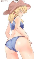 Rule 34 | 1girl, alternate costume, ass, ass focus, back, bare shoulders, blonde hair, blue panties, blush, butt crack, cowboy shot, closed eyes, from behind, from below, gluteal fold, hair ribbon, hands on own hips, hat, highres, moriya suwako, panties, profile, ramudia (lamyun), ribbon, shoulder blades, simple background, solo, standing, touhou, twitter username, underwear, white background