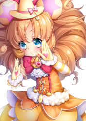 Rule 34 | 1girl, bloomers, blue eyes, blush, bow, brooch, brown hair, chiyonekoko, cure mofurun, detached sleeves, fighting stance, frills, gloves, hat, heart, jewelry, long hair, long sleeves, mahou girls precure!, mini hat, mini witch hat, orange hair, pink bow, precure, puckered lips, puffy short sleeves, puffy sleeves, short sleeves, solo, star (symbol), star in eye, striped, striped sleeves, suspenders, symbol in eye, underwear, v-shaped eyebrows, white background, witch hat, yellow bloomers, yellow gloves, yellow hat
