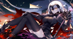 Rule 34 | 1girl, ahoge, armor, armored dress, bison cangshu, black gloves, black thighhighs, blonde hair, breasts, capelet, elbow gloves, fate/grand order, fate (series), flower, full body, gauntlets, gloves, headpiece, highres, jeanne d&#039;arc (fate), jeanne d&#039;arc alter (avenger) (fate), jeanne d&#039;arc alter (avenger) (first ascension) (fate), jeanne d&#039;arc alter (fate), large breasts, looking at viewer, md5 mismatch, parted lips, resolution mismatch, ribbon, solo, source larger, spider lily, striped ribbon, thighhighs, yellow eyes