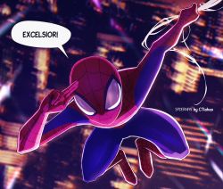 Rule 34 | 1boy, artist name, bodysuit, building, character name, city, city lights, cityscape, commentary, ctiahao, english text, latin text, looking at viewer, male focus, marvel, mask, salute, silk, solo, speech bubble, spider-man, spider-man (series), spider web, stan lee