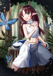 Rule 34 | 1girl, absurdres, ahoge, akinakesu-chan, animal, arknights, bare arms, bare shoulders, blurry, blurry background, blurry foreground, breasts, brown hair, bug, butterfly, commentary request, depth of field, feet out of frame, forest, green eyes, hand up, highres, insect, long hair, looking at viewer, myrtle (arknights), nature, navel, open mouth, outdoors, parted bangs, pointy ears, skirt, small breasts, solo, tank top, tree, tree stump, very long hair, wavy mouth, white skirt, white tank top