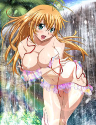 Rule 34 | 1girl, bare arms, bare legs, bent over, bikini, blonde hair, breasts, cleavage, collarbone, covering privates, covering one breast, day, fang, floating hair, green eyes, hair between eyes, hair intakes, ikkitousen, large breasts, lens flare, long hair, looking at viewer, navel, open mouth, outdoors, palm tree, pink bikini, rainbow, red ribbon, ribbon, shiny skin, side-tie bikini bottom, solo, sonsaku hakufu, straight hair, swimsuit, thigh gap, tree, untied bikini, very long hair, wardrobe malfunction, water, waterfall