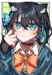 Rule 34 | 1girl, animal ear fluff, animal ears, black hair, blue hair, border, bow, bowtie, cat choker, cat ears, cat girl, choker, closed mouth, colored inner hair, green background, hair between eyes, hand up, highres, kemonomimi mode, long sleeves, loose bowtie, medium hair, miyamai moca, multicolored hair, orange bow, orange bowtie, outside border, pinching sleeves, plaid background, sleeves past wrists, solo, sweater, tere douga, upper body, voicepeak, white border