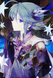 Rule 34 | 1boy, absurdres, bishounen, blue hair, crown, facing to the side, gem, gloves, highres, hihara you, jewelry, long sleeves, looking at viewer, male focus, necklace, original, parted lips, purple eyes, solo, star (symbol), wing ears, wings