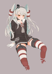 Rule 34 | 1girl, absurdres, amatsukaze (kancolle), black choker, black hat, black panties, brown eyes, choker, closed mouth, commentary, dress, garter straps, gloves, grey background, grey hair, grey neckerchief, hair tubes, hat, highres, kantai collection, long hair, long sleeves, looking at viewer, mini hat, neckerchief, panties, pantyshot, red thighhighs, sailor collar, sailor dress, short dress, simple background, sitting, smile, soaking feet, solo, striped clothes, striped thighhighs, thighhighs, two side up, underwear, white gloves, white sailor collar, zephda