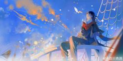Rule 34 | 1boy, absurdres, bird, black hair, blue sky, brown eyes, cape, cloud, dove, grey pants, highres, klein moretti, looking up, lord of the mysteries, medium hair, outdoors, pants, red scarf, scarf, ship, shirt, sitting, sky, sun, sunlight, watercraft, weibo 7502748762, weibo logo, weibo watermark, white shirt, wind
