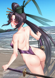 Rule 34 | 1girl, adsouto, ass, backless swimsuit, bare arms, bare shoulders, beach, blush, cowboy shot, day, fate/grand order, fate (series), floating hair, hair intakes, hand on hilt, highres, long hair, looking at viewer, looking back, makeup, mascara, one-piece swimsuit, outdoors, purple eyes, purple hair, purple lips, purple one-piece swimsuit, sheath, shiny skin, shoulder blades, solo, standing, swimsuit, sword, taira no kagekiyo (fate), ushiwakamaru (fate), very long hair, weapon