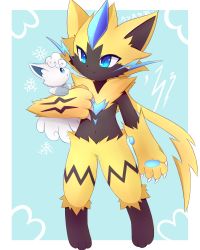 Rule 34 | 1boy, :3, absurdres, alolan form, alolan vulpix, animal feet, animal hands, animal nose, arm at side, arm up, artist name, black fur, blue background, blue eyes, blue fur, body fur, border, claws, closed mouth, creatures (company), eye contact, furry, furry male, game freak, gen 7 pokemon, happy, highres, holding, holding pokemon, japanese text, kryztar, legendary pokemon, lightning bolt symbol, looking at another, male focus, mythical pokemon, navel, nintendo, open mouth, outside border, pawpads, pokemon, pokemon (creature), sideways mouth, signature, slit pupils, smile, snowflakes, stomach, whiskers, white border, yellow fur, zeraora