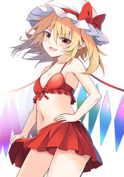 Rule 34 | 1girl, bikini, blonde hair, bow, bra, clothes lift, e.o., fang, flandre scarlet, hat, hat ribbon, highres, medium hair, miniskirt, mob cap, one side up, open mouth, panties, red bikini, red bow, red bra, red eyes, red panties, red ribbon, ribbon, side ponytail, skirt, smile, solo, swimsuit, touhou, underwear, white hat, wings