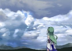 Rule 34 | 1girl, bare shoulders, blue skirt, blue sky, cloud, cloudy sky, day, detached sleeves, frog hair ornament, from behind, green hair, hair ornament, highres, kochiya sanae, long sleeves, mountain, ribbon-trimmed sleeves, ribbon trim, skirt, sky, snake hair ornament, solo, straight hair, touhou, wide sleeves, yuuichi (reductionblack)