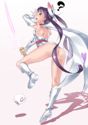 Rule 34 | 10s, 1girl, ?, ass, bare shoulders, blunt bangs, bow, breasts, censored, convenient censoring, energy sword, female focus, komadori renge, long hair, mask, open mouth, ouka (oukakaka), purple eyes, purple hair, ribbon-trimmed sleeves, ribbon trim, sekai seifuku: bouryaku no zvezda, shoulder blades, simple background, small breasts, solo, sweat, sword, twintails, weapon, white background, white robin
