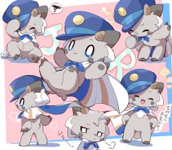 Rule 34 | 1boy, :&lt;, :3, puff of air, ^ ^, absurdres, adjusting clothes, adjusting headwear, animal ears, animal feet, animal hands, anus, arm up, arms up, barefoot, blowing whistle, blue headwear, blush, blush stickers, border, brown horns, cape, chibi, claws, closed eyes, closed mouth, copyright name, facing viewer, fallen down, from behind, furry, furry male, half-closed eyes, hand up, hands on own hips, happy, hat, highres, holding, holding whistle, horns, japan railways, japanese text, leaning forward, lightning bolt symbol, looking back, male focus, multicolored cape, multicolored clothes, multiple views, nagamo (nagano station), no headwear, outside border, outstretched arm, outstretched arms, pawpads, peaked cap, pink background, short hair, simple background, smile, speech bubble, spoken squiggle, spread legs, squiggle, standing, star (symbol), straight-on, syuya, tail, talking, tilted headwear, translation request, upper body, whistle, white border, white hair