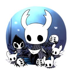 Rule 34 | 6+others, bad id, bad pixiv id, bench, bug, cloak, full body, glowing, grey cloak, grimmchild, holding, holding map, hollow eyes, hollow knight, horns, knight (hollow knight), lamppost, looking at another, map, mask, multiple others, nail, night, no humans, on bench, outdoors, outside border, round image, sango (y1994318), simple background, sitting, sword, weapon, white background, wings