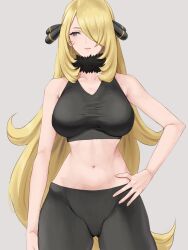 Rule 34 | 1girl, alternate costume, armpit crease, bare shoulders, black pants, black sports bra, blonde hair, breasts, collarbone, commentary request, creatures (company), crop top, cynthia (pokemon), fur collar, game freak, grey eyes, groin, hair ornament, hair over one eye, hand on own hip, highres, large breasts, long hair, midriff, navel, nintendo, pants, parted lips, pokemon, pokemon dppt, simple background, solo, sports bra, stomach, v-neck, very long hair, wavy hair, yamamori kinako, yoga pants