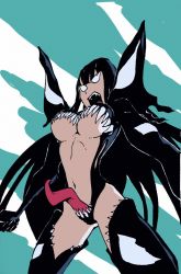 Rule 34 | 1girl, black hair, blue sky, breasts, clenched hands, cloud, crossover, highres, kill la kill, kiryuuin satsuki, living clothes, long hair, marvel, navel, no pupils, open mouth, powflip, sky, spider-man (series), thighhighs, tongue, underboob, venom (marvel)