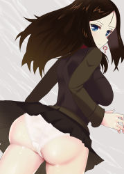 Rule 34 | 1girl, ?, absurdres, ass, black hair, black skirt, black vest, blue eyes, closed mouth, commentary, commission, cowboy shot, crotch seam, dutch angle, from behind, girls und panzer, green jacket, grey sky, highres, jacket, light frown, long hair, long sleeves, looking at viewer, looking back, makura ken, military, military uniform, miniskirt, nonna (girls und panzer), outdoors, overcast, panties, pixiv commission, pleated skirt, pravda military uniform, rain, red shirt, shirt, skirt, sky, solo, standing, swept bangs, underwear, uniform, vest, white panties, wind, wind lift
