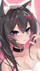 Rule 34 | 1girl, absurdres, animal ear fluff, animal ears, azki (hololive), black collar, black hair, blush, breasts, cat ears, collar, colored inner hair, dress, highres, hololive, long hair, looking at viewer, medium breasts, mole, mole under eye, multicolored hair, pink background, pink hair, purple eyes, red hair, rifufu, smile, solo, streaked hair, virtual youtuber, whiskers, white dress