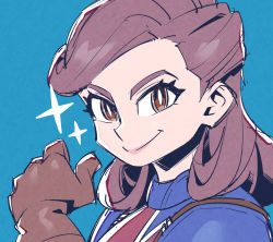 Rule 34 | 1girl, animification, blue bodysuit, blue eyes, bodysuit, bright pupils, brown gloves, brown hair, gloves, hair behind ear, looking at viewer, marvel, marvel cinematic universe, peggy carter, portrait, smile, solo, sparkle, sunafuki tabito, thumbs up, v-shaped eyebrows, what if (disney+), white pupils