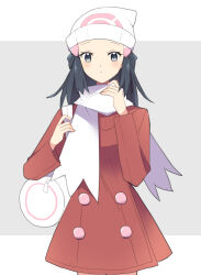 Rule 34 | 1girl, bag, beanie, black hair, blush, buttons, closed mouth, coat, commentary request, creatures (company), dawn (pokemon), duffel bag, eyelashes, game freak, grey background, grey eyes, hair ornament, hairclip, hat, highres, long hair, long sleeves, nintendo, ohn pkmn, pokemon, pokemon dppt, pokemon platinum, red coat, scarf, sidelocks, solo, white bag, white hat, white scarf