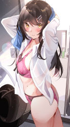 Rule 34 | 1girl, arm behind head, bad id, bad twitter id, black hair, blouse, blush, bottle, bra, breasts, collared shirt, dress shirt, glass door, hair between eyes, hair ornament, hairclip, highres, indoors, light particles, light rays, light switch, long hair, long sleeves, looking at viewer, mirror, open clothes, open shirt, original, panties, pink bra, pink panties, see-through, shirt, sideboob, small breasts, smile, solo, tipii, towel, towel on head, underwear, washing machine, white shirt, yellow eyes
