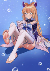 Rule 34 | 1girl, absurdres, alternate hair color, ass, blunt bangs, choker, commentary request, feet, foot focus, genshin impact, gloves, hair ornament, highres, light brown hair, long hair, long sleeves, looking at viewer, low twintails, nontraditional miko, purple eyes, sangonomiya kokomi, sidelocks, simple background, sitting, smile, soles, solo, stirrup legwear, thighhighs, toeless legwear, toes, twintails, vision (genshin impact), white thighhighs, yekun
