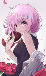 Rule 34 | 1girl, black dress, blurry, blush, breasts, candy, chocolate, chocolate heart, closed mouth, commentary request, depth of field, dress, fate/grand order, fate (series), flower, food, from side, grey hoodie, heart, highres, holding, holding food, hood, hood down, hoodie, looking at viewer, looking to the side, mash kyrielight, medium breasts, necktie, pantie painting, petals, pink hair, purple eyes, red flower, red necktie, red rose, rose, rose petals, sleeveless, sleeveless dress, smile, solo