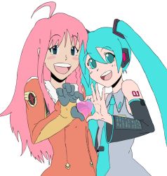 Rule 34 | 00s, 2girls, aqua eyes, aqua hair, artist request, crossover, detached sleeves, drawfag, hatsune miku, headset, long hair, multiple girls, necktie, nono (top wo nerae 2!), source request, top wo nerae 2!, twintails, very long hair, vocaloid, white background