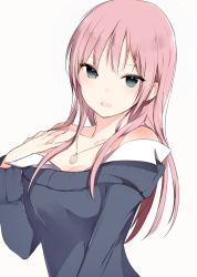 Rule 34 | 1girl, :d, bad id, bad pixiv id, bare shoulders, blue eyes, breasts, cleavage, collarbone, copyright request, hand on own chest, jewelry, long sleeves, looking at viewer, lpip, necklace, off-shoulder, off-shoulder sweater, off shoulder, open mouth, pendant, pink hair, sidelocks, simple background, smile, solo, sweater, tsurime, upper body, white background