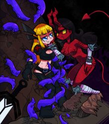 Rule 34 | 10s, awabuta, bandages, black hair, blonde hair, blue eyes, boots, bound, bound arms, bound legs, breasts, cleavage, cleavage cutout, clothing cutout, colored sclera, dark persona, darkchylde, demon girl, demon horns, demon tail, dual persona, gauntlets, grin, hair ornament, highres, horns, illyana rasputina, large breasts, long hair, magik, marvel, midriff, navel, open mouth, red eyes, restrained, short shorts, shorts, sidelocks, smile, spikes, sweat, sword, tail, tentacles, thigh boots, thighhighs, weapon, x-men, yellow sclera, zettai ryouiki
