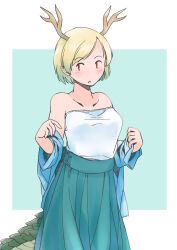 Rule 34 | 1girl, blonde hair, blue shirt, blush, dragon horns, dragon tail, green skirt, horns, kicchou yachie, parted lips, rangycrow, red eyes, shirt, short hair, skirt, solo, strapless, tail, touhou, tube top, unfinished dream of all living ghost, white shirt, yellow horns