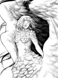 Rule 34 | 1girl, blush, body fur, chimera, completely nude, cowboy shot, dragon wings, dungeon meshi, falin touden, falin touden (chimera), feathered wings, floating hair, greyscale, h43ryu, hair over mouth, highres, korean commentary, looking at viewer, monochrome, monster girl, nude, parted lips, short hair, solo, spoilers, wings