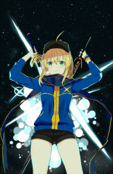 Rule 34 | 1girl, artoria pendragon (fate), baseball cap, black background, black hat, black shorts, blonde hair, blue scarf, closed mouth, commentary, cowboy shot, excalibur (fate/stay night), excalibur morgan (fate), explosion, fate (series), green eyes, gym shorts, hair through headwear, hat, himitsucalibur (fate), jacket, looking at viewer, mysterious heroine x (fate), pinch (nesume), scarf, short shorts, shorts, solo, standing, track jacket, v-shaped eyebrows, wristband, x, zipper
