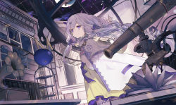 Rule 34 | 1girl, arcaea, book, bow, character request, cloak, closed mouth, commentary request, dress, full moon, grey hair, hair between eyes, hair bow, highres, indoors, long hair, moon, open book, petals, phonograph, purple bow, purple eyes, smile, solo, standing, telescope, tsubaki (yi), very long hair, white cloak, yellow dress