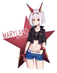 Rule 34 | 1girl, absurdres, alternate costume, arnold-s, bad id, bad pixiv id, belt, braid, casual, character name, hand on belt, highres, looking at viewer, maryland (zhan jian shao nyu), midriff, red eyes, remodel (warship girls r), short hair, shorts, warship girls r, white hair, wrist cuffs