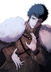 Rule 34 | 1boy, black clover, black hair, black straps, brown robe, cape, collared robe, facial mark, forehead mark, fur cape, grey eyes, highres, ikecchi (hayato moon), long sleeves, lucius zogratis, male focus, parted lips, robe, short hair, simple background, smile, solo, spiked hair, white background, white fur