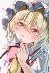 Rule 34 | 1girl, :3, absurdres, blonde hair, blush, closed mouth, commentary, crossed bangs, crystal, eyelashes, eyes visible through hair, finger to own chin, flandre scarlet, frilled shirt collar, frills, from above, hair between eyes, hat, heart, highres, index finger raised, looking up, mahoro (minase mahoro), medium hair, mob cap, nail polish, necktie, puffy short sleeves, puffy sleeves, red eyes, red necktie, red vest, shirt, short sleeves, simple background, smile, solo, touhou, tsurime, upper body, vest, white background, white hat, white shirt