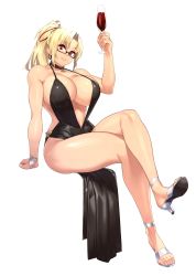 Rule 34 | 1girl, 23 (real xxiii), absurdres, alcohol, arm support, black choker, blonde hair, breasts, choker, commentary request, cup, dress, drinking glass, evening gown, full body, gakuen taisen valkyries, glasses, high heels, highres, holding, holding cup, huge breasts, looking at viewer, nanashi no touhoku kenjin, navel, no panties, noel fortenmayer, parted lips, ponytail, red eyes, simple background, sitting, sleeveless, solo, teeth, white background, wine, wine glass