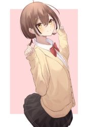 Rule 34 | 1girl, ahoge, alternate costume, alternate hairstyle, black skirt, brown eyes, brown hair, cardigan, collared shirt, dress shirt, fingernails, hair ornament, hair ribbon, hairclip, hino134, hololive, hololive english, looking at viewer, low twintails, multicolored hair, nanashi mumei, pleated skirt, ribbon, school uniform, shirt, short hair, skirt, sleeves past wrists, smile, streaked hair, twintails, virtual youtuber, white shirt, yellow cardigan