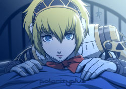 Rule 34 | 1girl, aegis (persona), android, bed, blonde hair, blue eyes, commentary, headphones, joints, looking at viewer, night, persona, persona 3, polarityplus, pov, ringed eyes, robot joints, short hair, solo