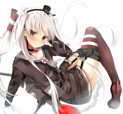 Rule 34 | 10s, 1girl, adjusting hair, amatsukaze (kancolle), atsutoku, blush, choker, dress, garter straps, hair tubes, highres, kantai collection, long hair, looking at viewer, machinery, red thighhighs, sailor dress, smile, solo, thighhighs, two side up, very long hair, white background, white hair