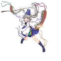Rule 34 | 1girl, :d, black footwear, blue skirt, bow (weapon), full body, game cg, grey eyes, grey hair, highres, holding, holding bow (weapon), holding weapon, japanese clothes, kariginu, long hair, long sleeves, looking at viewer, mononobe no futo, open mouth, pom pom (clothes), ponytail, ribbon-trimmed sleeves, ribbon trim, rotte (1109), simple background, skirt, smile, solo, third-party source, touhou, v-shaped eyebrows, weapon, white background, wide sleeves