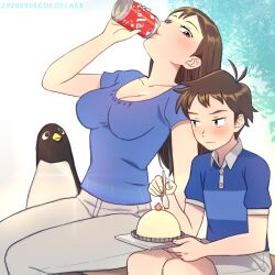 Rule 34 | 1boy, 1girl, aoyama-kun (penguin highway), artist name, bird, blue shirt, blush, breasts, brown hair, can, cleavage, cocopeace, cola, commentary, dated, day, drink, drinking, food, grey pants, grey shorts, holding, holding can, holding spoon, long hair, medium breasts, onee-san (penguin highway), outdoors, pants, penguin, penguin highway, pudding, shirt, short hair, short sleeves, shorts, sitting, spoon